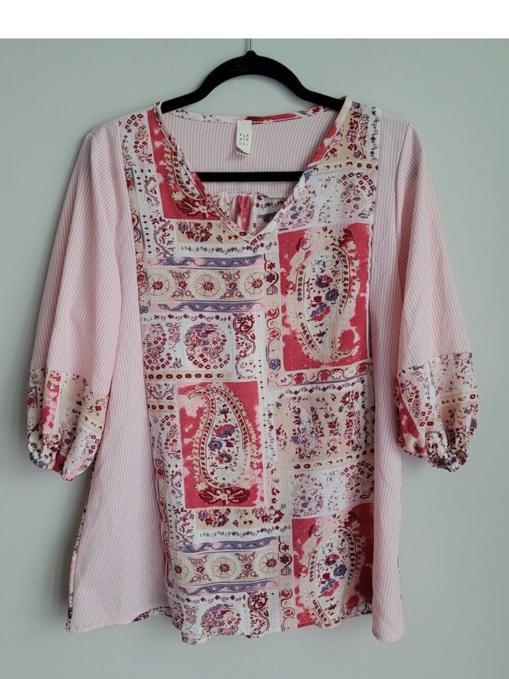 Flamingo Pink Striped Paisley Floral Print Puff Short Sleeve V-Neck Top